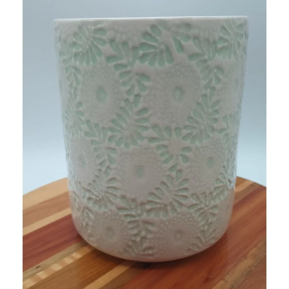 Sur La Table Utensil Crock Embossed Floral Green